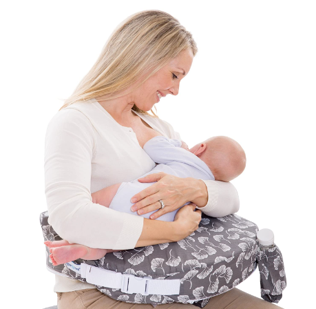 A mother breastfeeding her baby lying on a breastfeeding pillow