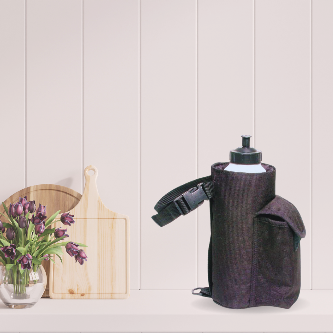 Insulated bottle holder with durable neoprene material, designed to keep beverages hot or cold for extended periods.