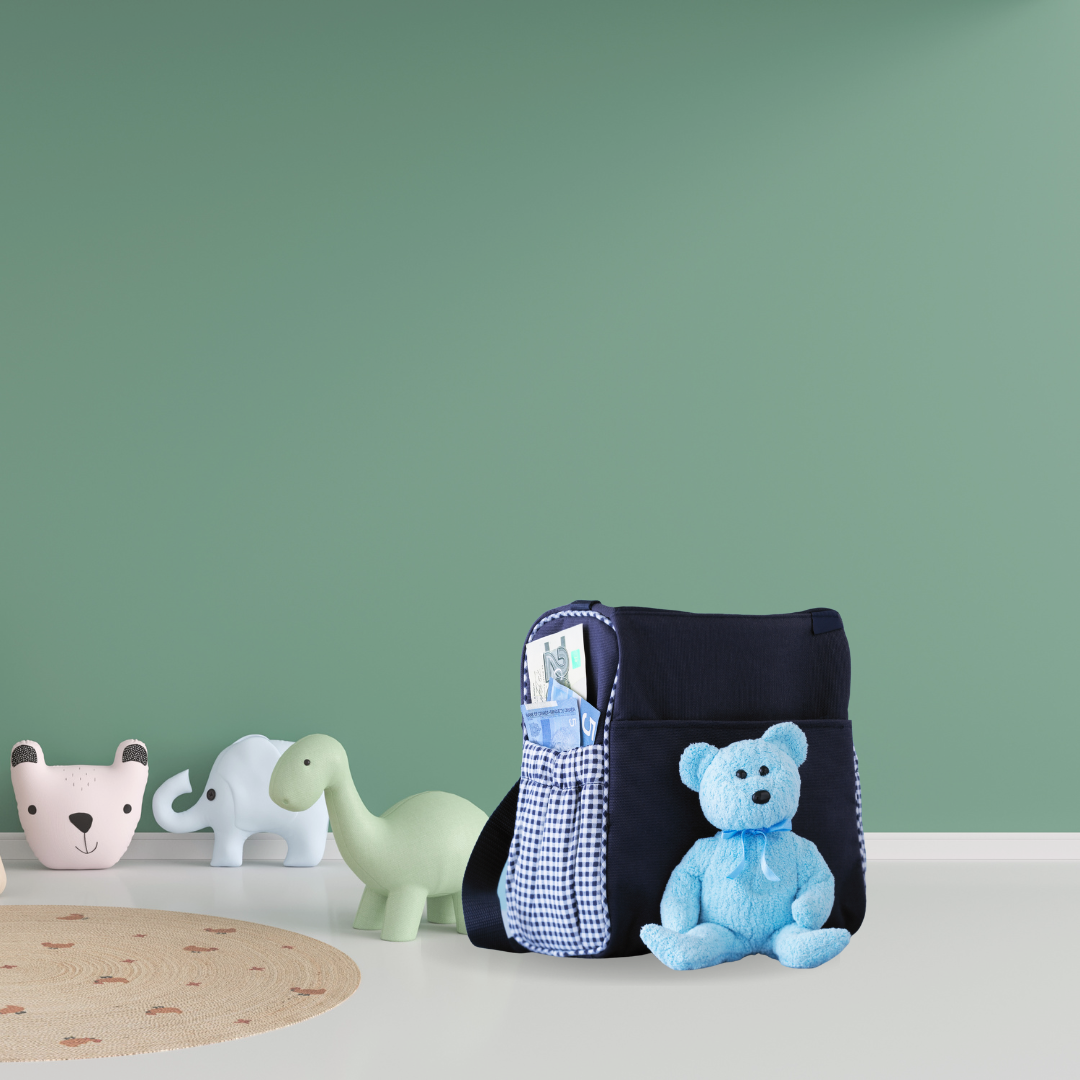 Convenient stroller organizer with compartments and pockets for easy access to baby essentials during stroller walks.